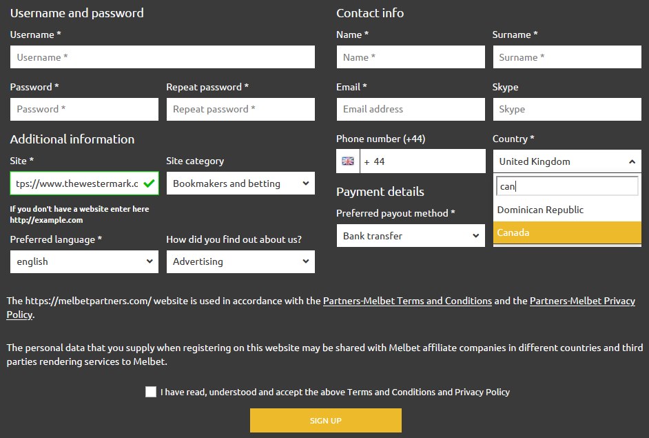 Registration form